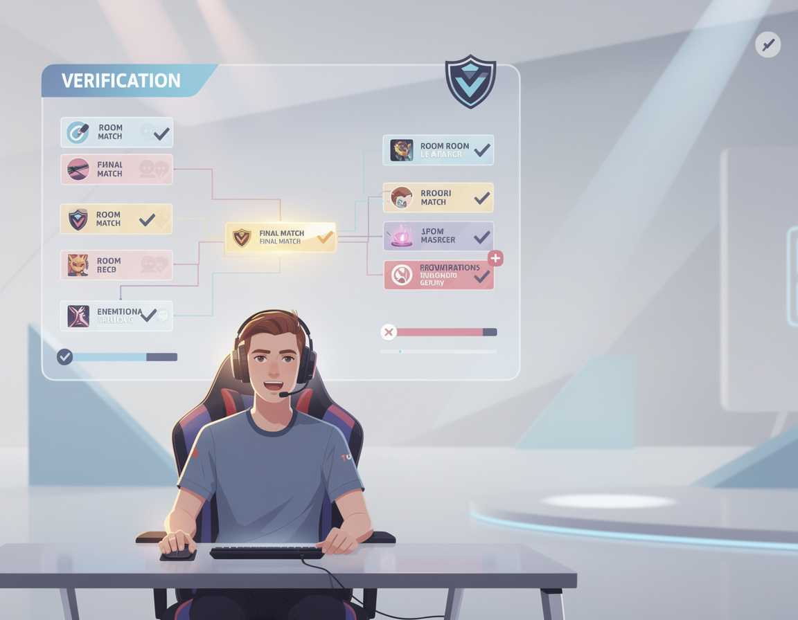 Ilustrasi verifikasi pemenang final untuk turnamen game online rose4d dengan bracket dan room match